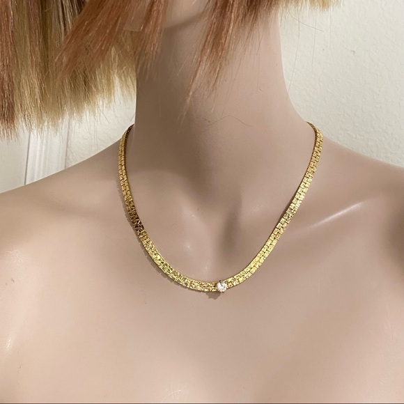 Vintage Gold-tone Flat Chain w/ CZ Clear Stone Center Necklace - Picture 5 of 15